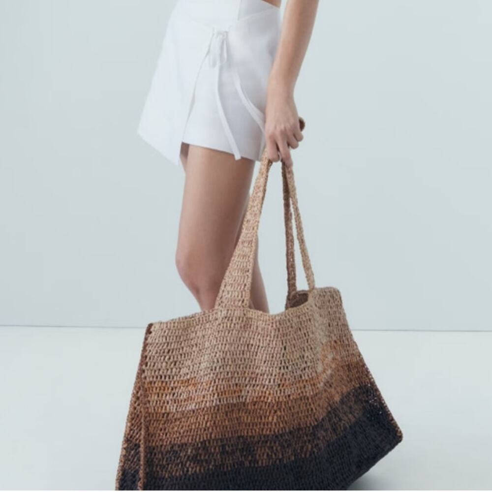 Mango MNG Gradient Natural Fibre Bag Beige Knit Straw Oversized Double Handle